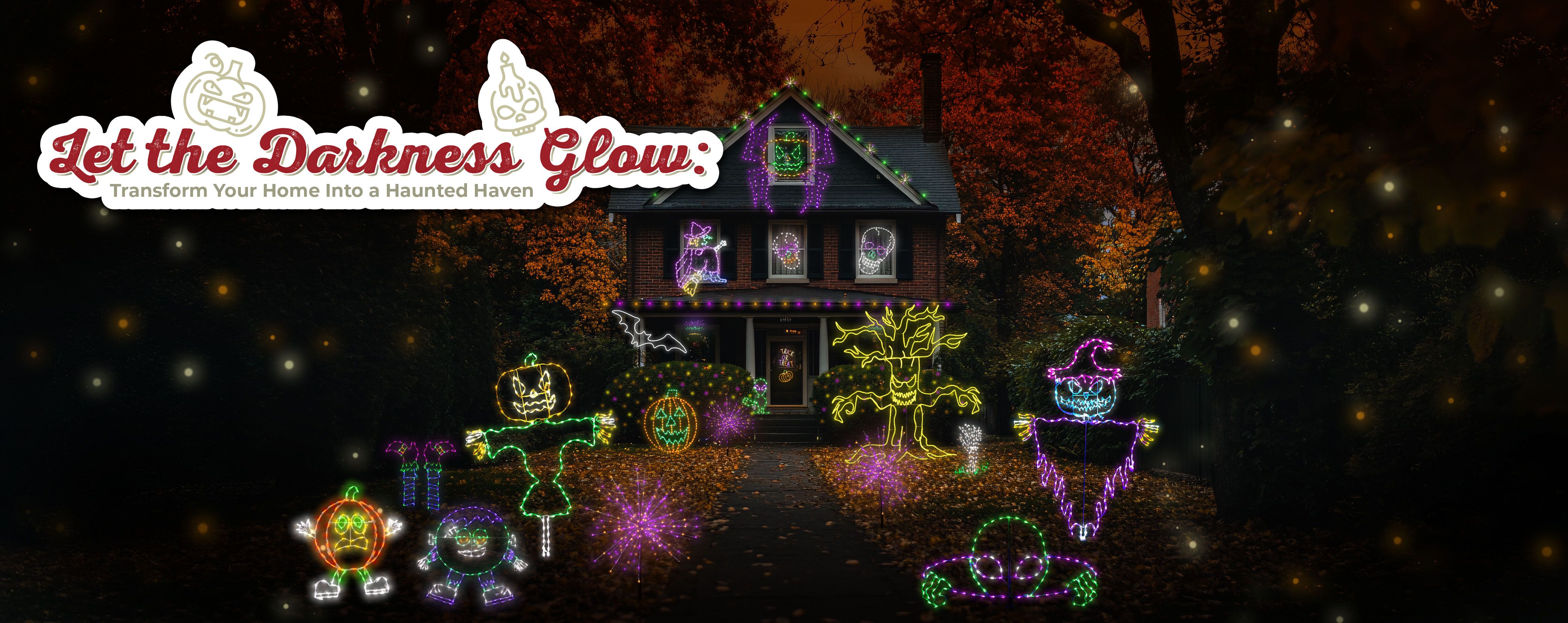 Backyard pool with skeleton floating in lifesaver ring in the pool, surrounded by Halloween themed lights. Text says "Fright this way to Summerween".